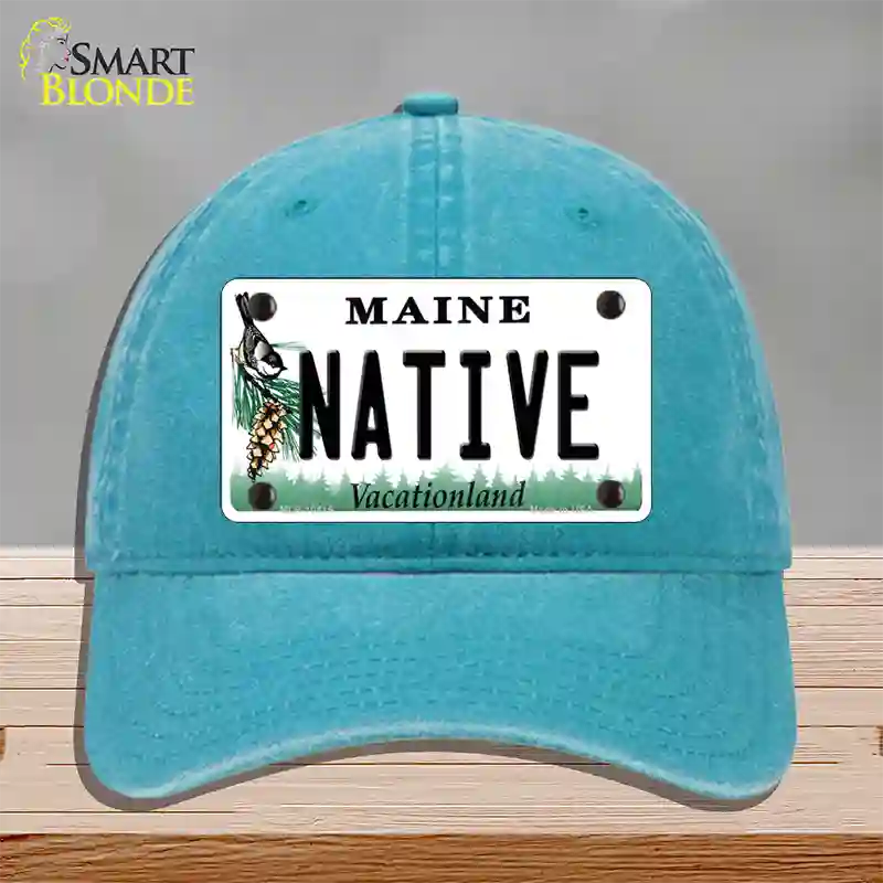 Native Maine Novelty License Plate Hat Unconstructed Cotton / Lake Blue