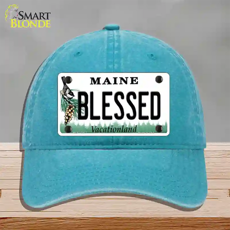 Blessed Maine Novelty License Plate Hat Unconstructed Cotton / Lake Blue