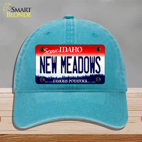 New Meadows Idaho Novelty License Plate Hat Unconstructed Cotton / Lake Blue