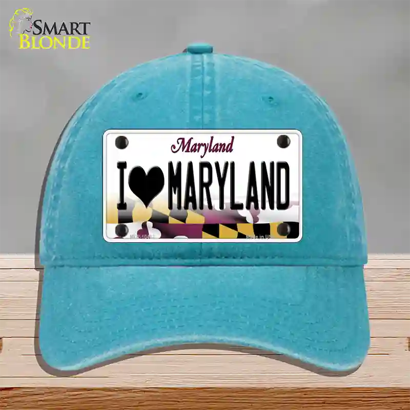 I Love Maryland Novelty License Plate Hat Unconstructed Cotton / Lake Blue