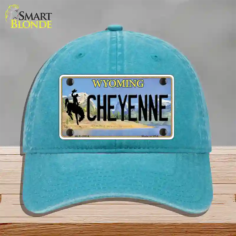 Cheyenne Wyoming Novelty License Plate Hat Unconstructed Cotton / Lake Blue