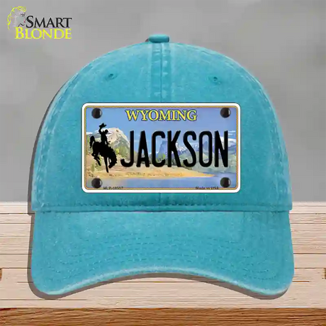 Jackson Wyoming Novelty License Plate Hat Unconstructed Cotton / Lake Blue