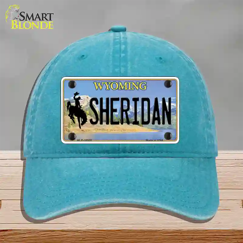 Sheridan Wyoming Novelty License Plate Hat Unconstructed Cotton / Lake Blue