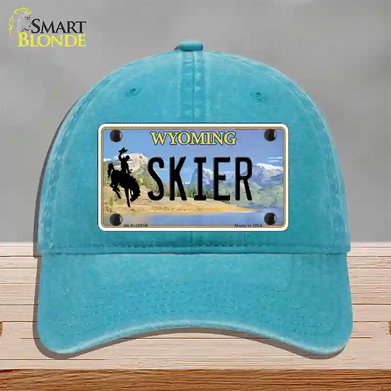 Skier Wyoming Novelty License Plate Hat Unconstructed Cotton / Lake Blue