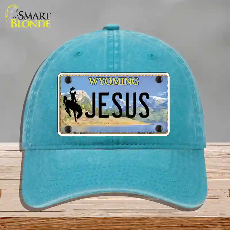 Jesus Wyoming Novelty License Plate Hat Unconstructed Cotton / Lake Blue