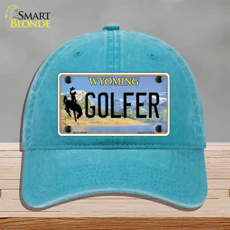 Golfer Wyoming Novelty License Plate Hat Unconstructed Cotton / Lake Blue