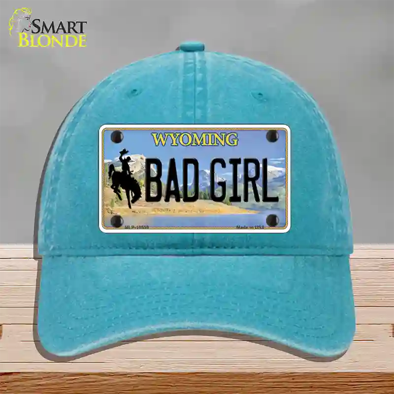 Bad Girl Wyoming Novelty License Plate Hat Unconstructed Cotton / Lake Blue