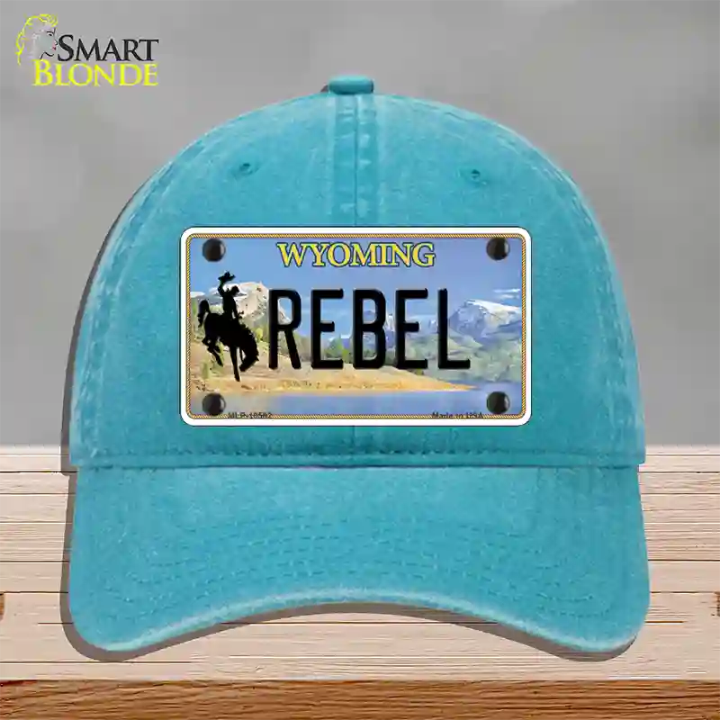 Rebel Wyoming Novelty License Plate Hat Unconstructed Cotton / Lake Blue