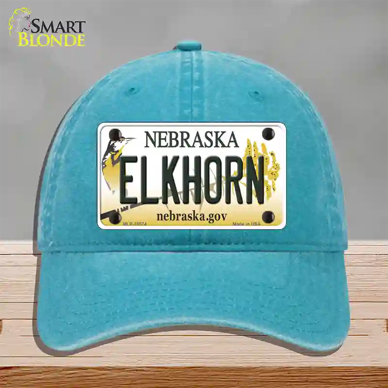 Elkhorn Nebraska Novelty License Plate Hat Unconstructed Cotton / Lake Blue