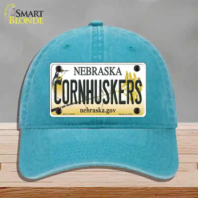 Cornhuskers Nebraska Novelty License Plate Hat Unconstructed Cotton / Lake Blue