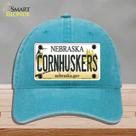 Cornhuskers Nebraska Novelty License Plate Hat Unconstructed Cotton / Lake Blue