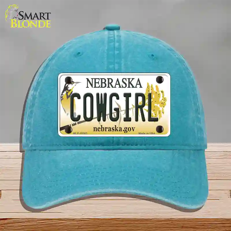 Cowgirl Nebraska Novelty License Plate Hat Unconstructed Cotton / Lake Blue