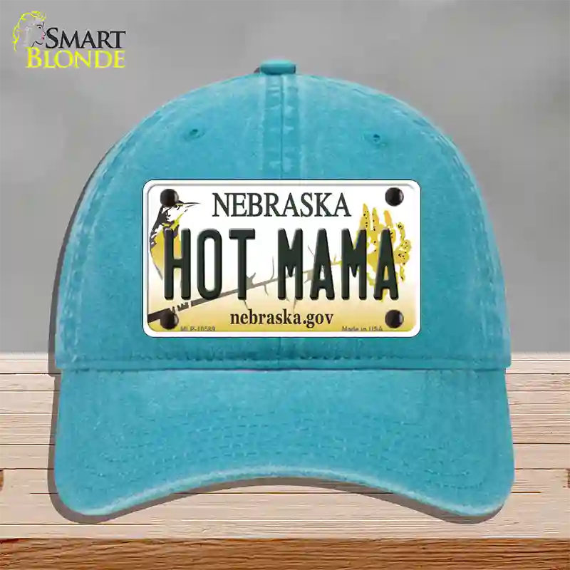 Hot Mama Nebraska Novelty License Plate Hat Unconstructed Cotton / Lake Blue