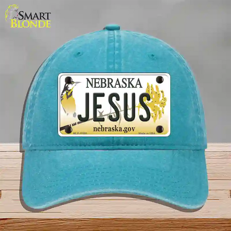 Jesus Nebraska Novelty License Plate Hat Unconstructed Cotton / Lake Blue