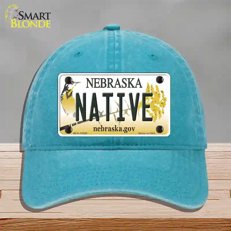 Native Nebraska Novelty License Plate Hat Unconstructed Cotton / Lake Blue