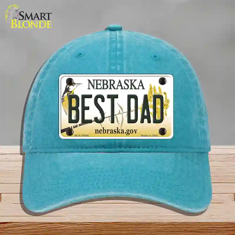 Best Dad Nebraska Novelty License Plate Hat Unconstructed Cotton / Lake Blue