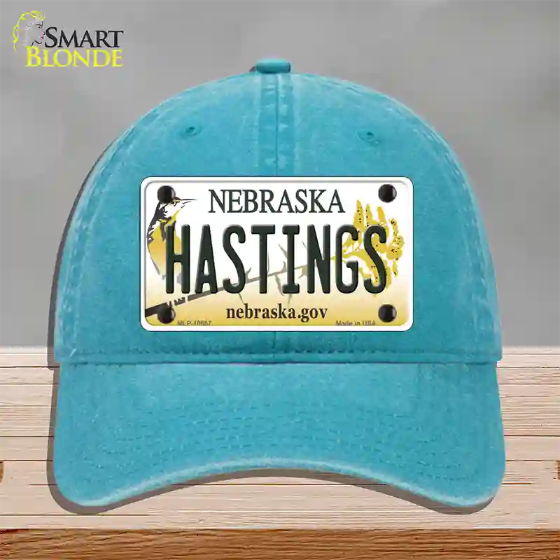 Hastings Nebraska Novelty License Plate Hat Unconstructed Cotton / Lake Blue