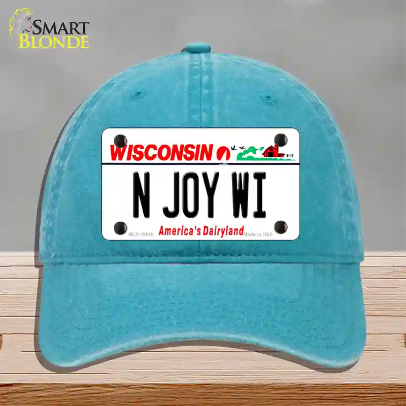 N Joy WI Wisconsin Novelty License Plate Hat Unconstructed Cotton / Lake Blue