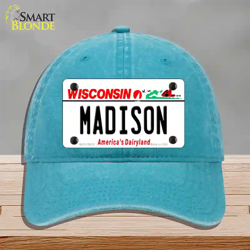 Madison Wisconsin Novelty License Plate Hat Unconstructed Cotton / Lake Blue