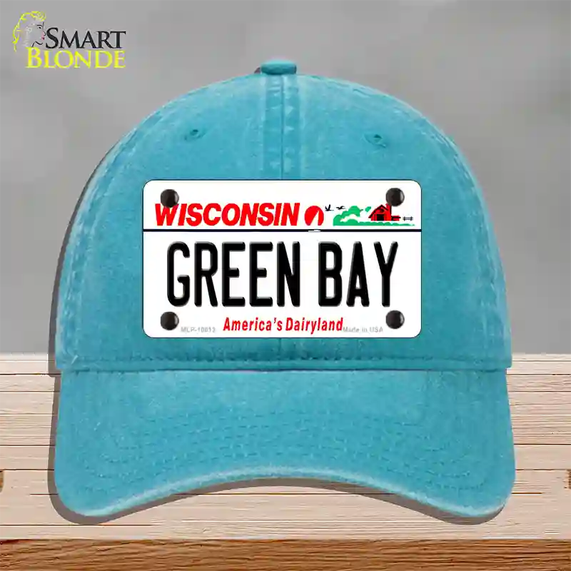 Green Bay Wisconsin Novelty License Plate Hat Unconstructed Cotton / Lake Blue