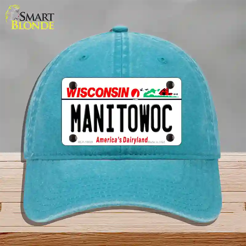 Manitowoc Wisconsin Novelty License Plate Hat Unconstructed Cotton / Lake Blue