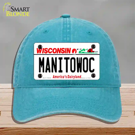 Manitowoc Wisconsin Novelty License Plate Hat Unconstructed Cotton / Lake Blue