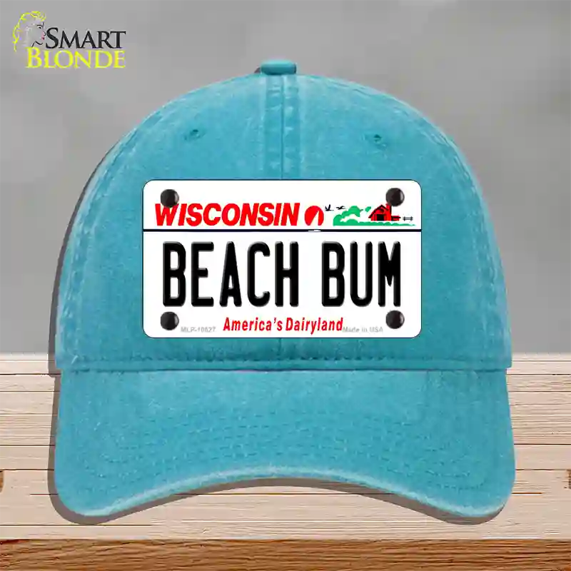 Beach Bum Wisconsin Novelty License Plate Hat Unconstructed Cotton / Lake Blue