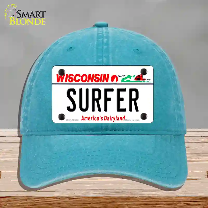 Surfer Wisconsin Novelty License Plate Hat Unconstructed Cotton / Lake Blue