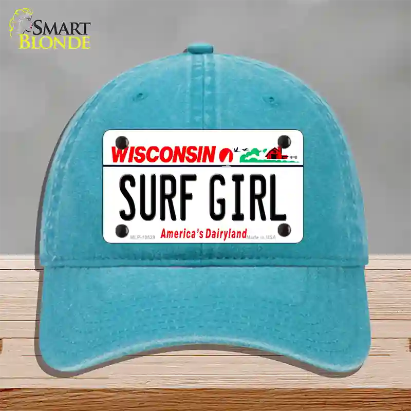 Surf Girl Wisconsin Novelty License Plate Hat Unconstructed Cotton / Lake Blue