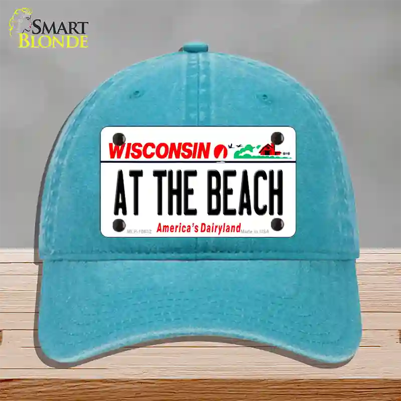 At The Beach Wisconsin Novelty License Plate Hat Unconstructed Cotton / Lake Blue