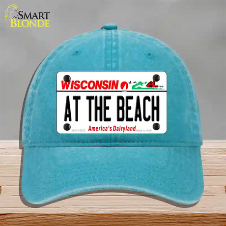 At The Beach Wisconsin Novelty License Plate Hat Unconstructed Cotton / Lake Blue