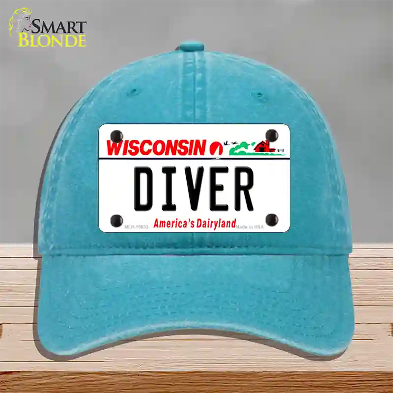 Diver Wisconsin Novelty License Plate Hat Unconstructed Cotton / Lake Blue