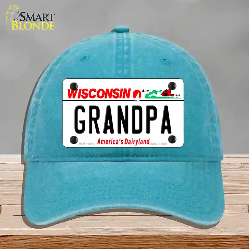 Grandpa Wisconsin Novelty License Plate Hat Unconstructed Cotton / Lake Blue