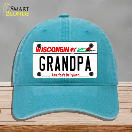 Grandpa Wisconsin Novelty License Plate Hat Unconstructed Cotton / Lake Blue