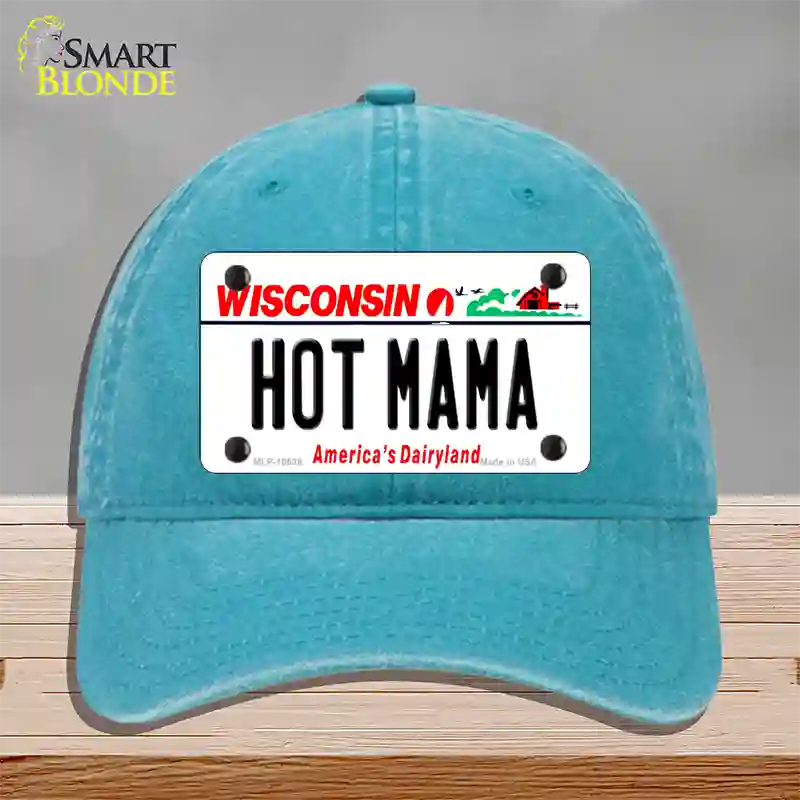 Hot Mama Wisconsin Novelty License Plate Hat Unconstructed Cotton / Lake Blue