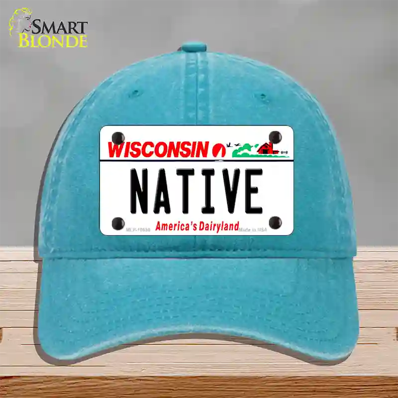 Native Wisconsin Novelty License Plate Hat Unconstructed Cotton / Lake Blue