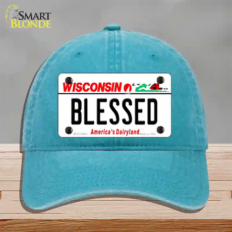 Blessed Wisconsin Novelty License Plate Hat Unconstructed Cotton / Lake Blue