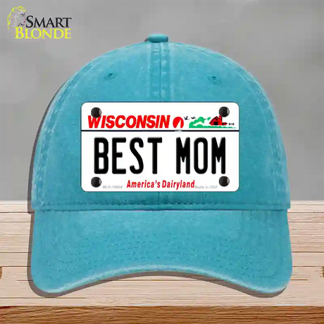 Best Mom Wisconsin Novelty License Plate Hat Unconstructed Cotton / Lake Blue