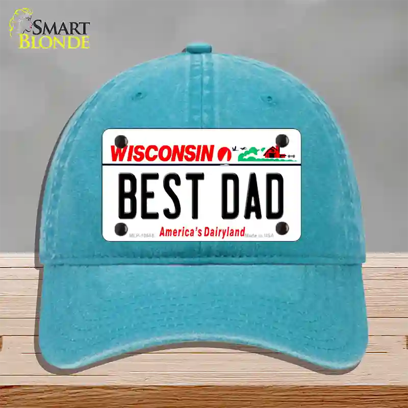 Best Dad Wisconsin Novelty License Plate Hat Unconstructed Cotton / Lake Blue