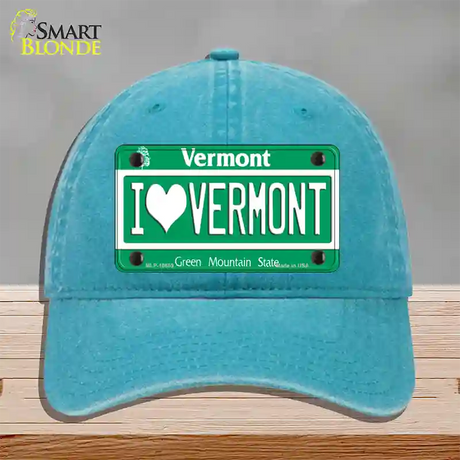 I Love Vermont Novelty License Plate Hat Unconstructed Cotton / Lake Blue