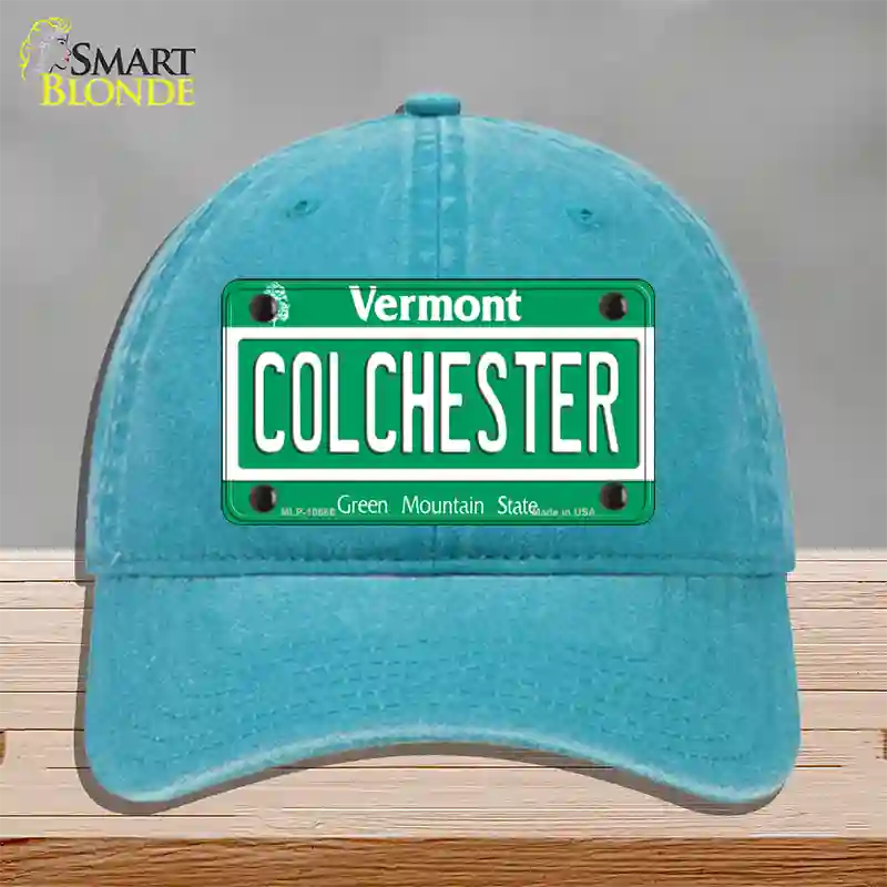 Colchester Vermont Novelty License Plate Hat Unconstructed Cotton / Lake Blue