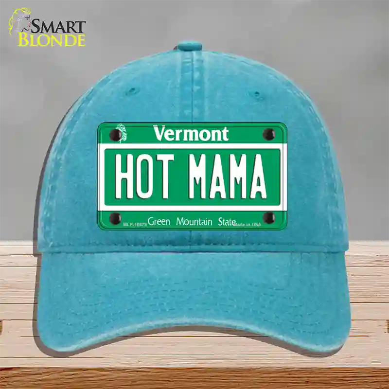 Hot Mama Vermont Novelty License Plate Hat Unconstructed Cotton / Lake Blue