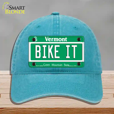 Bike It Vermont Novelty License Plate Hat Unconstructed Cotton / Lake Blue