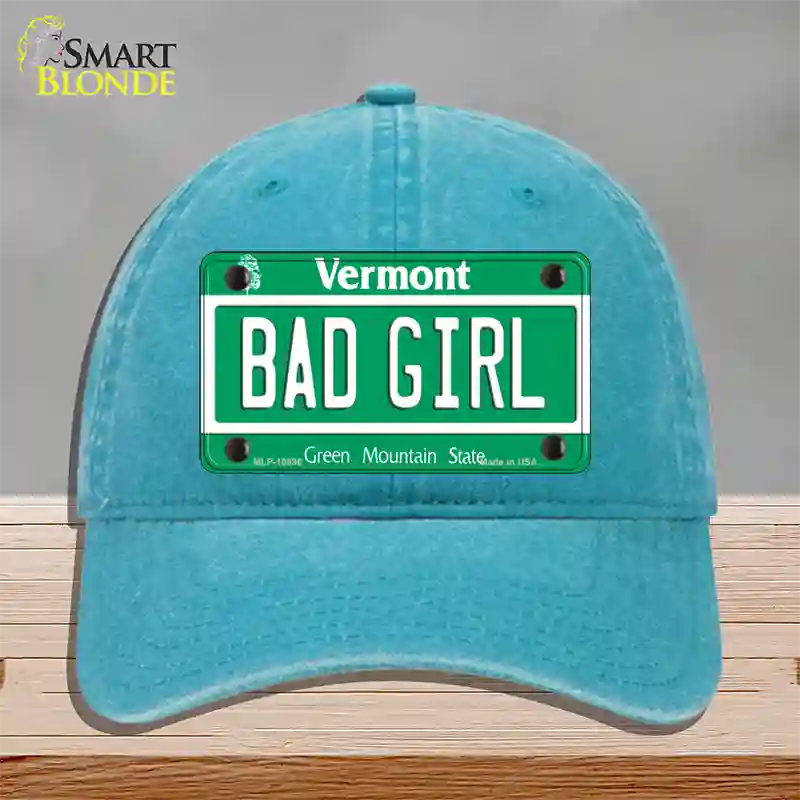 Bad Girl Vermont Novelty License Plate Hat Unconstructed Cotton / Lake Blue