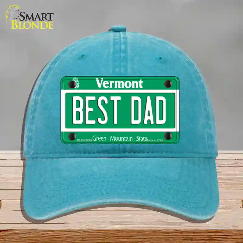 Best Dad Vermont Novelty License Plate Hat Unconstructed Cotton / Lake Blue