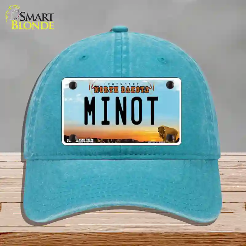 Minot North Dakota Novelty License Plate Hat Unconstructed Cotton / Lake Blue