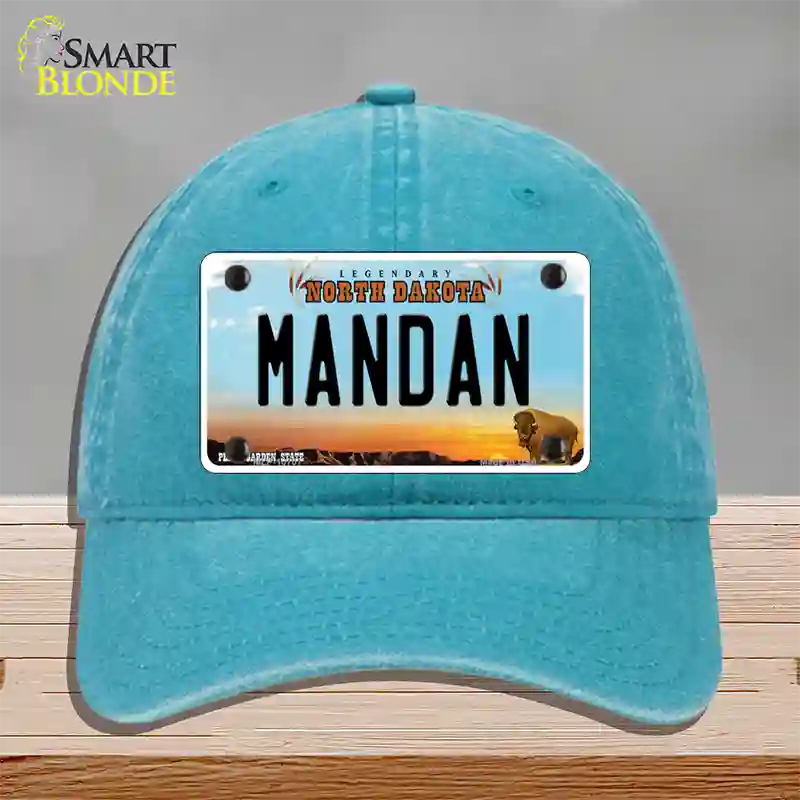 Mandan North Dakota Novelty License Plate Hat Unconstructed Cotton / Lake Blue