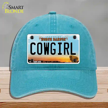 Cowgirl North Dakota Novelty License Plate Hat Unconstructed Cotton / Lake Blue