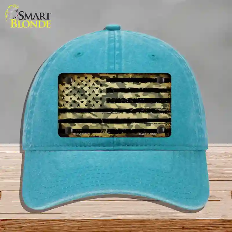 Camo American Flag Novelty License Plate Hat Unconstructed Cotton / Lake Blue