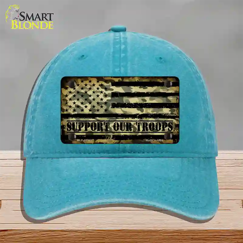 Camo American Flag Support Troops Novelty License Plate Hat Unconstructed Cotton / Lake Blue